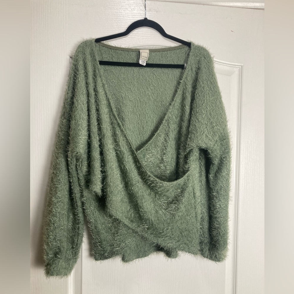 Lilian Faux Wrap Eyelash Knit Sweater with Balloon Sleeves,Size 3X,Mint Green
